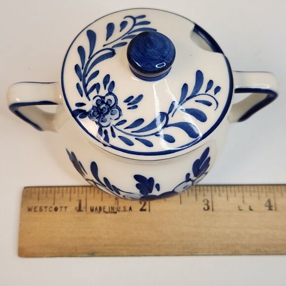 Delft Blue Mini Ceramic Creamer, Covered Sugar Bowl w/Tray Hand Painted 3 Pc Set - Picture 13 of 16